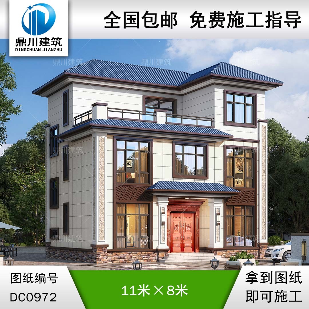 三層新中式帶露臺別墅施工圖紙及效果圖_農(nóng)村自建別墅設(shè)計,鼎川建筑